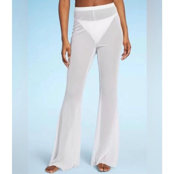 Wild Fable White Sheer High Rise Swim Coverup Size Large Up Flare Pants - Picture 1 of 3